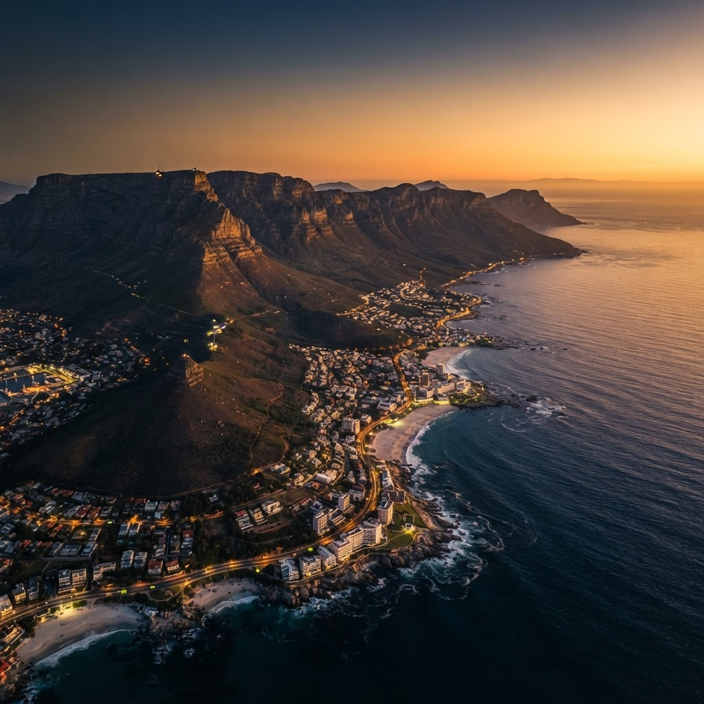 Cape Town, South Africa at golden sunset with Table Mountain over the coastline